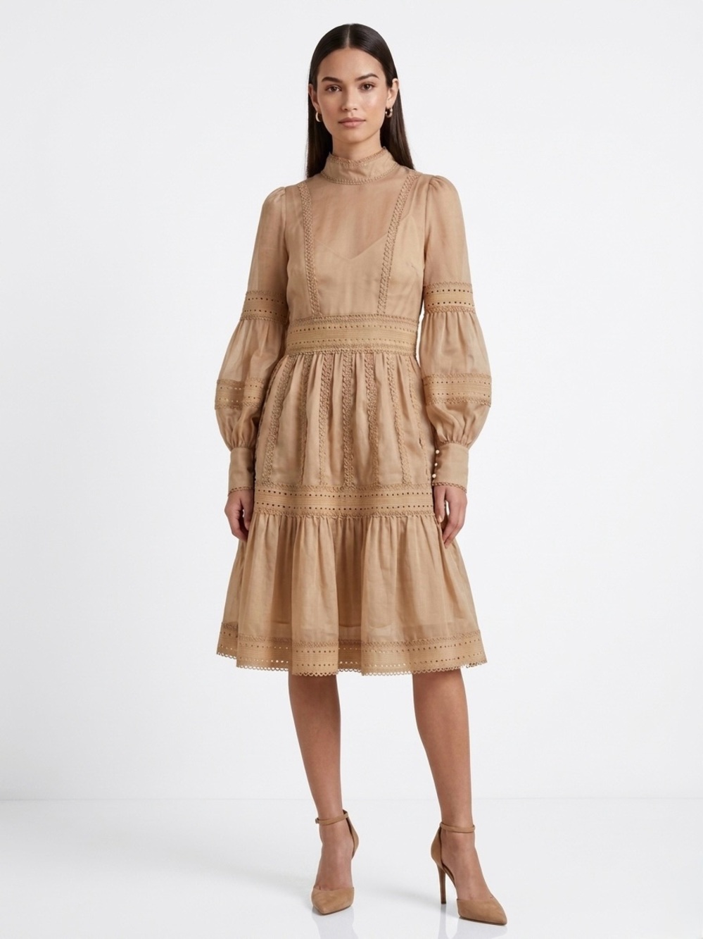 Lace-Trim High-Neck Midi Dress